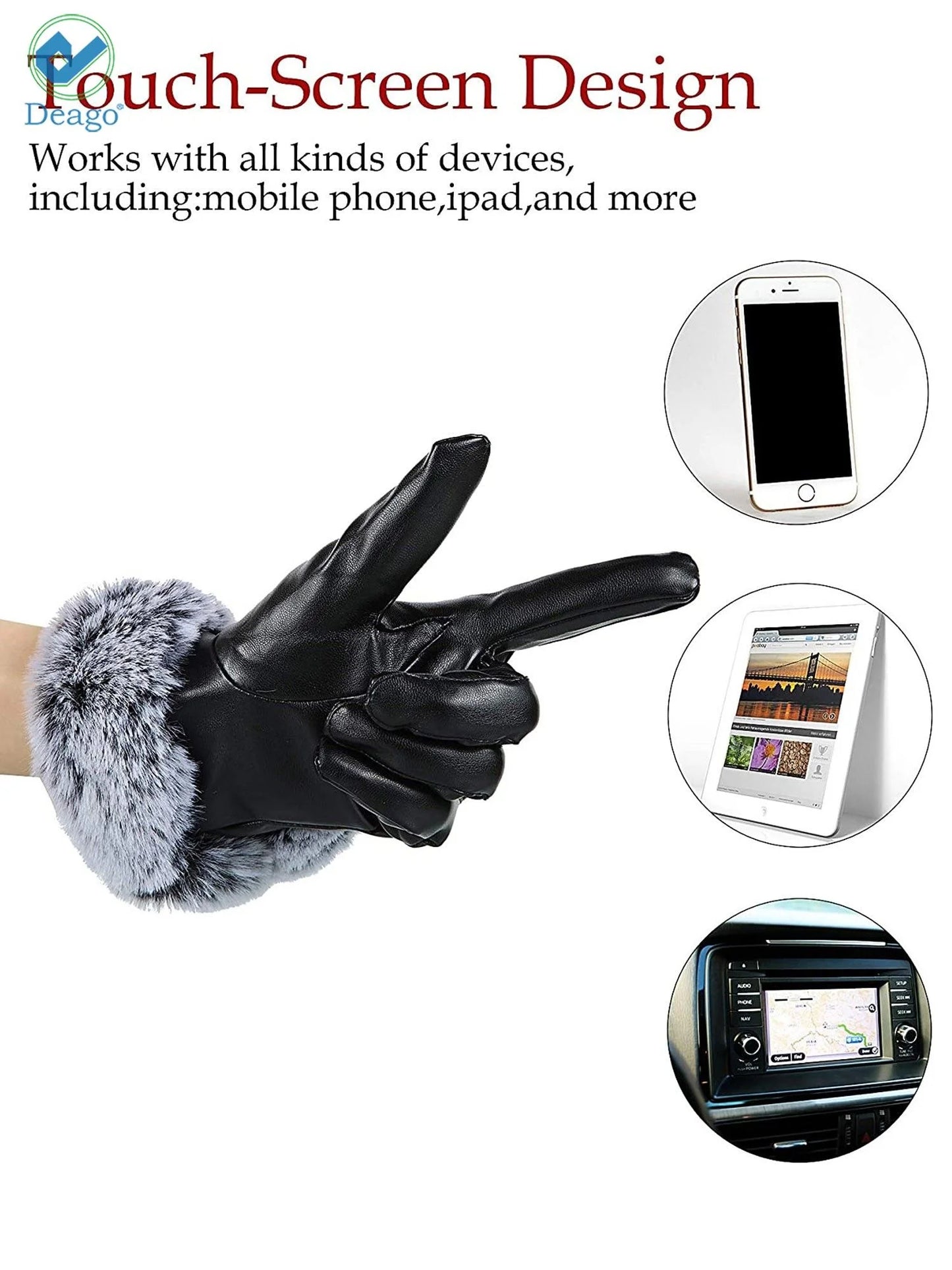 Winter PU Leather Gloves for Women, Wool Fleece Lined Warm Gloves, Touchscreen Texting Thick Thermal Snow Driving Gloves (Black)