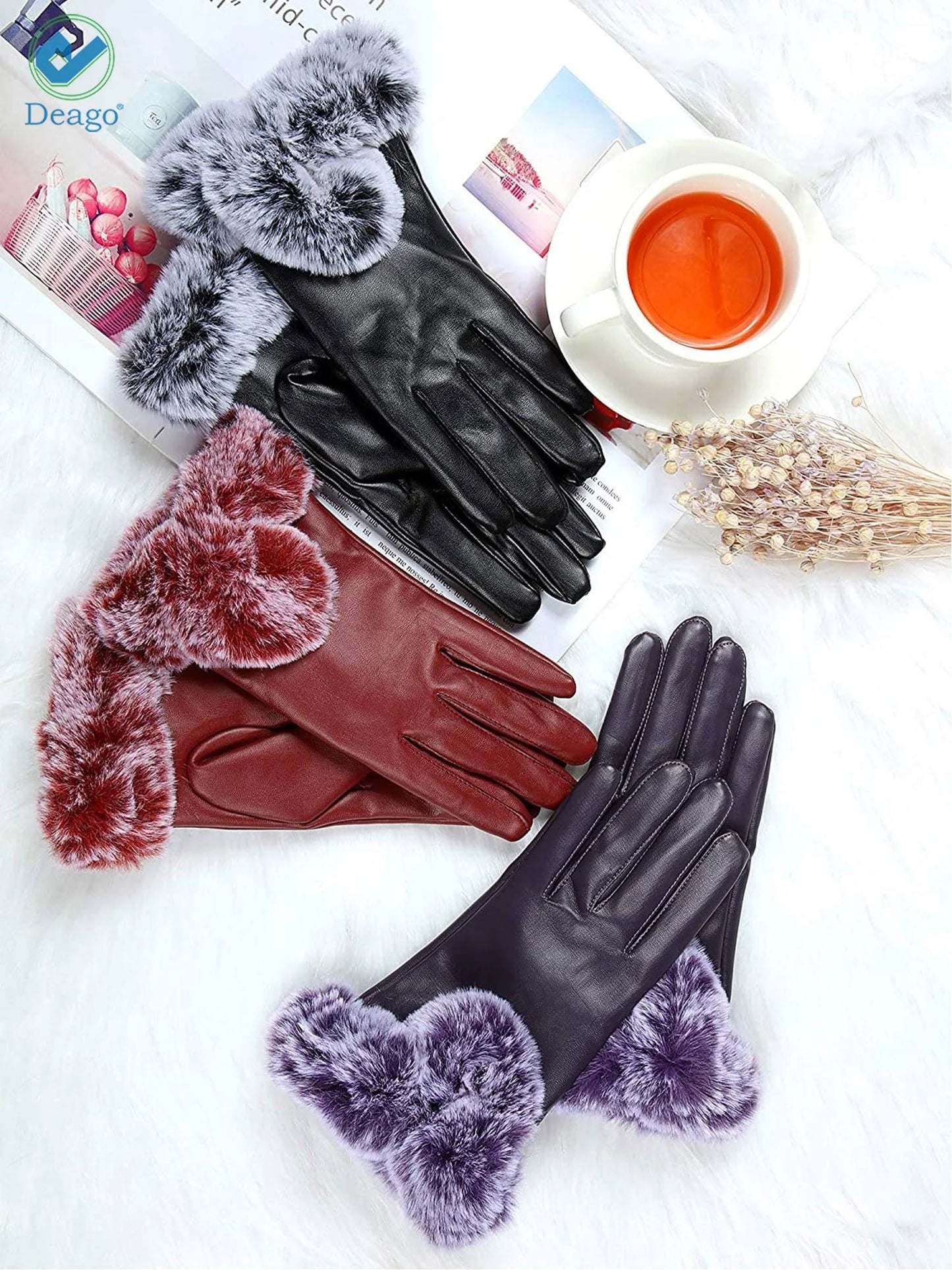 Winter PU Leather Gloves for Women, Wool Fleece Lined Warm Gloves, Touchscreen Texting Thick Thermal Snow Driving Gloves (Black)